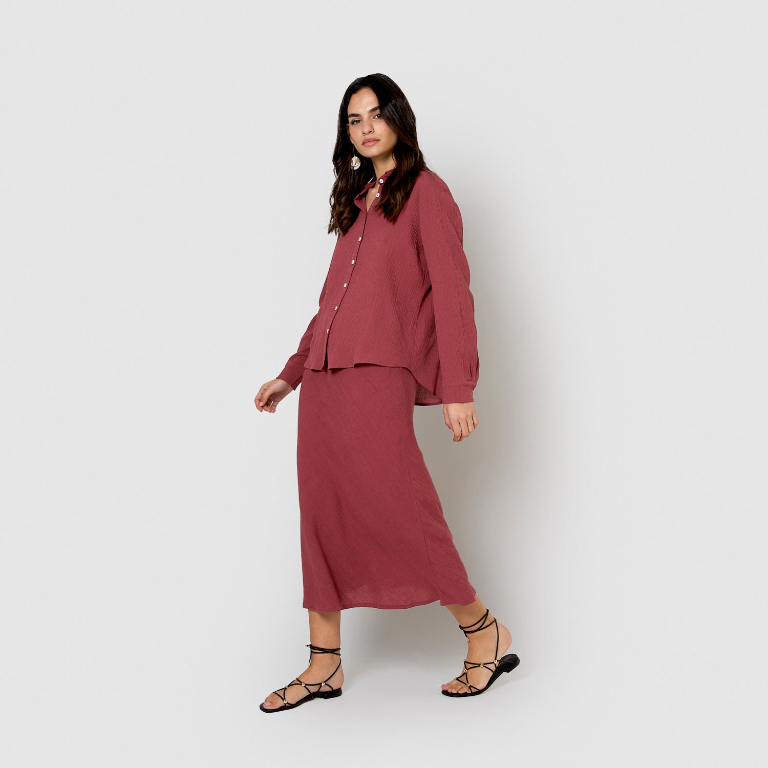 Falda midi evasé algodón lino malva/rosa