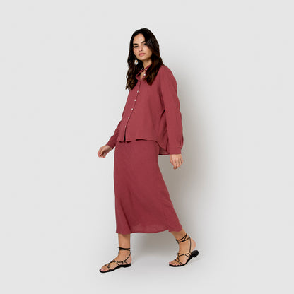 Falda midi evasé algodón lino malva/rosa