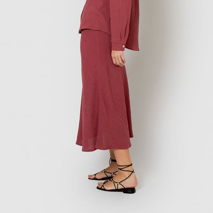 Falda midi evasé algodón lino malva/rosa