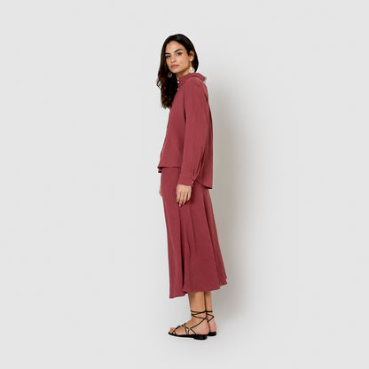 Falda midi evasé algodón lino malva/rosa