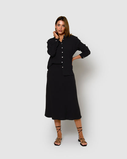 Falda midi evasé algodón lino negro