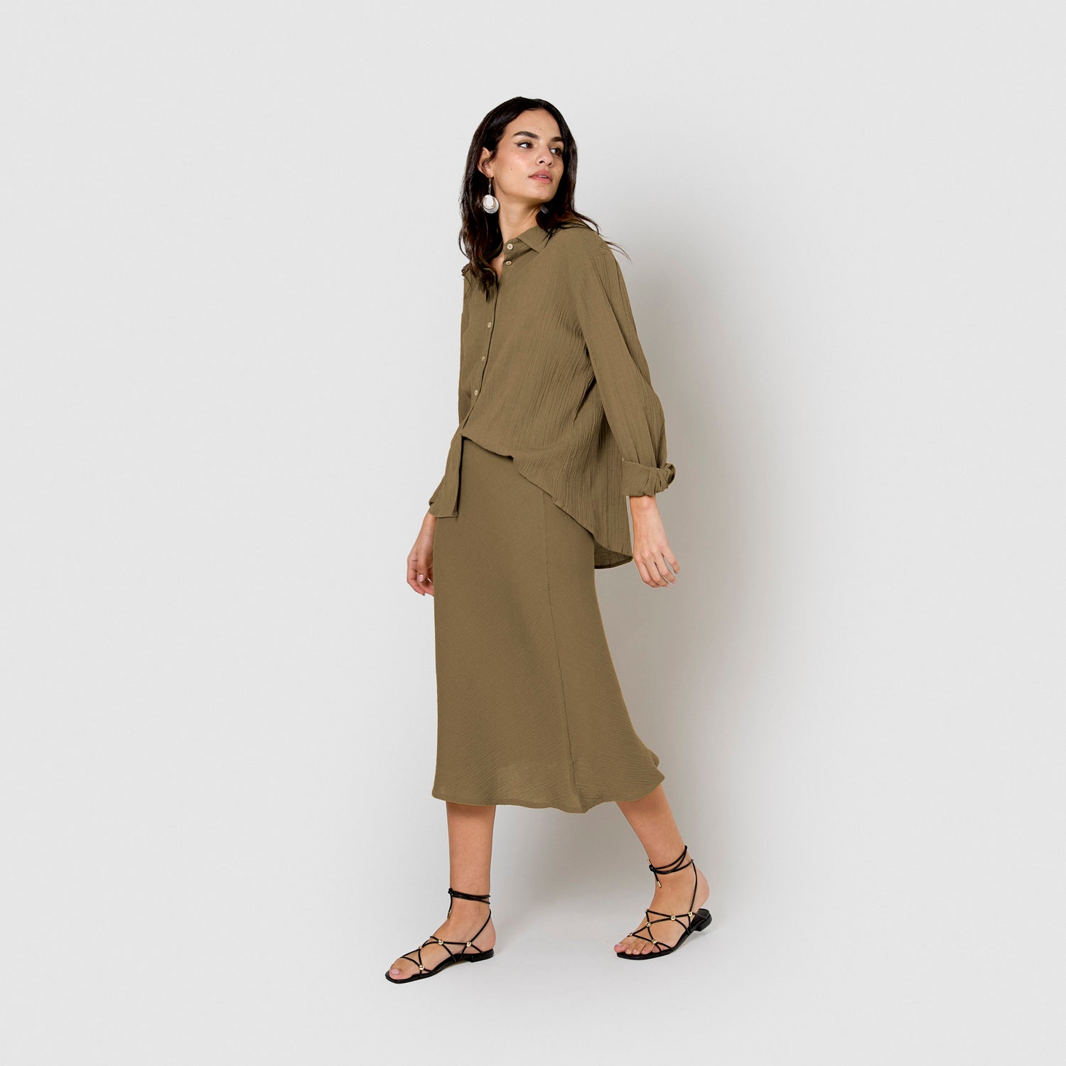 Falda midi evasé algodón lino verde cacería