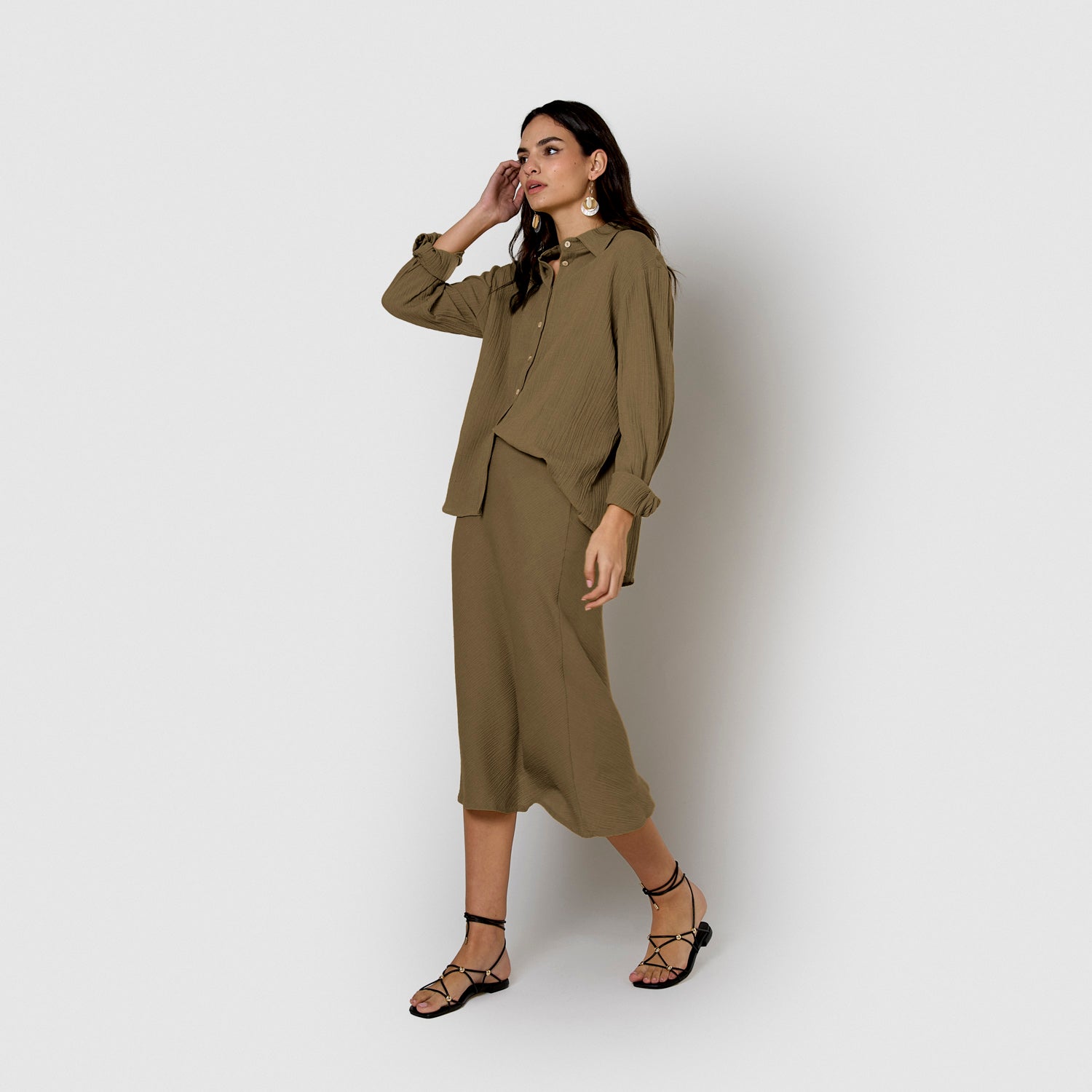 Gonna midi a trapezio in cotone verde caccia