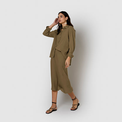 Gonna midi a trapezio in cotone verde caccia