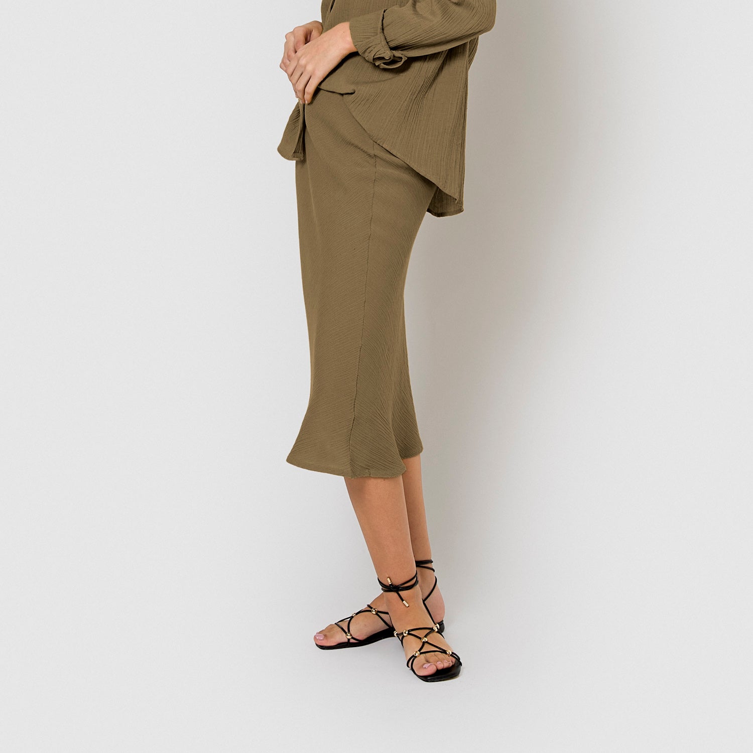 Gonna midi a trapezio in cotone verde caccia