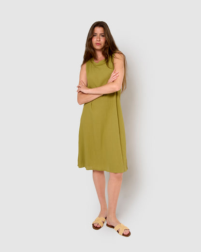 Abito midi con colletto drappeggiato, cotone e lino, limone