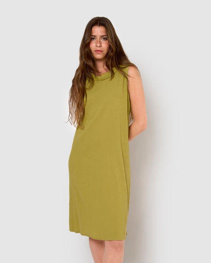 Abito midi con colletto drappeggiato, cotone e lino, limone