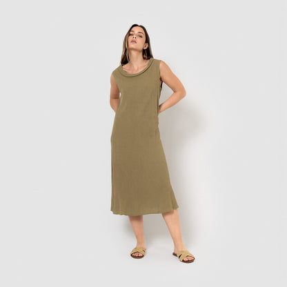 Robe midi à encolure drapée, en coton et lin, vert chasse