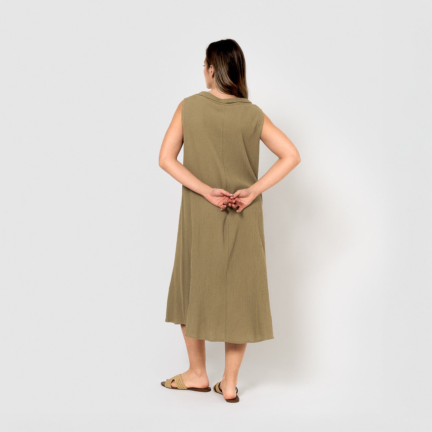 Robe midi à encolure drapée, en coton et lin, vert chasse