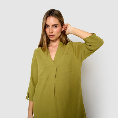 Vestido midi de linho e algodão cor lima