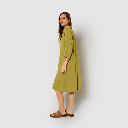 Vestido midi de linho e algodão cor lima