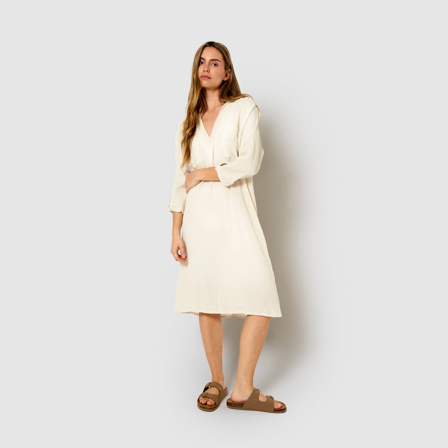 Abito midi in cotone e lino naturale