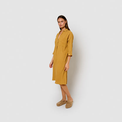 Vestido midi em linho e algodão cor ocre