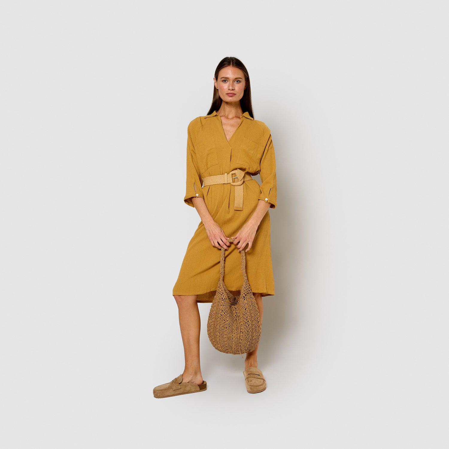 Vestido midi algodón lino ocre