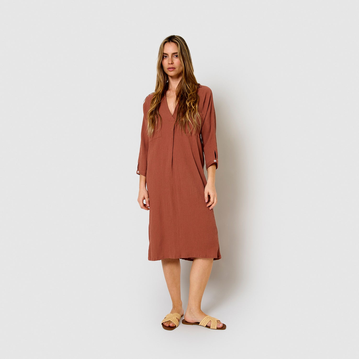 Rosette cotton linen midi dress