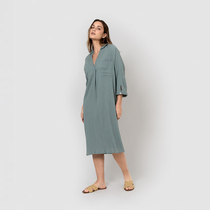 Vestido midi algodón lino verde azulado