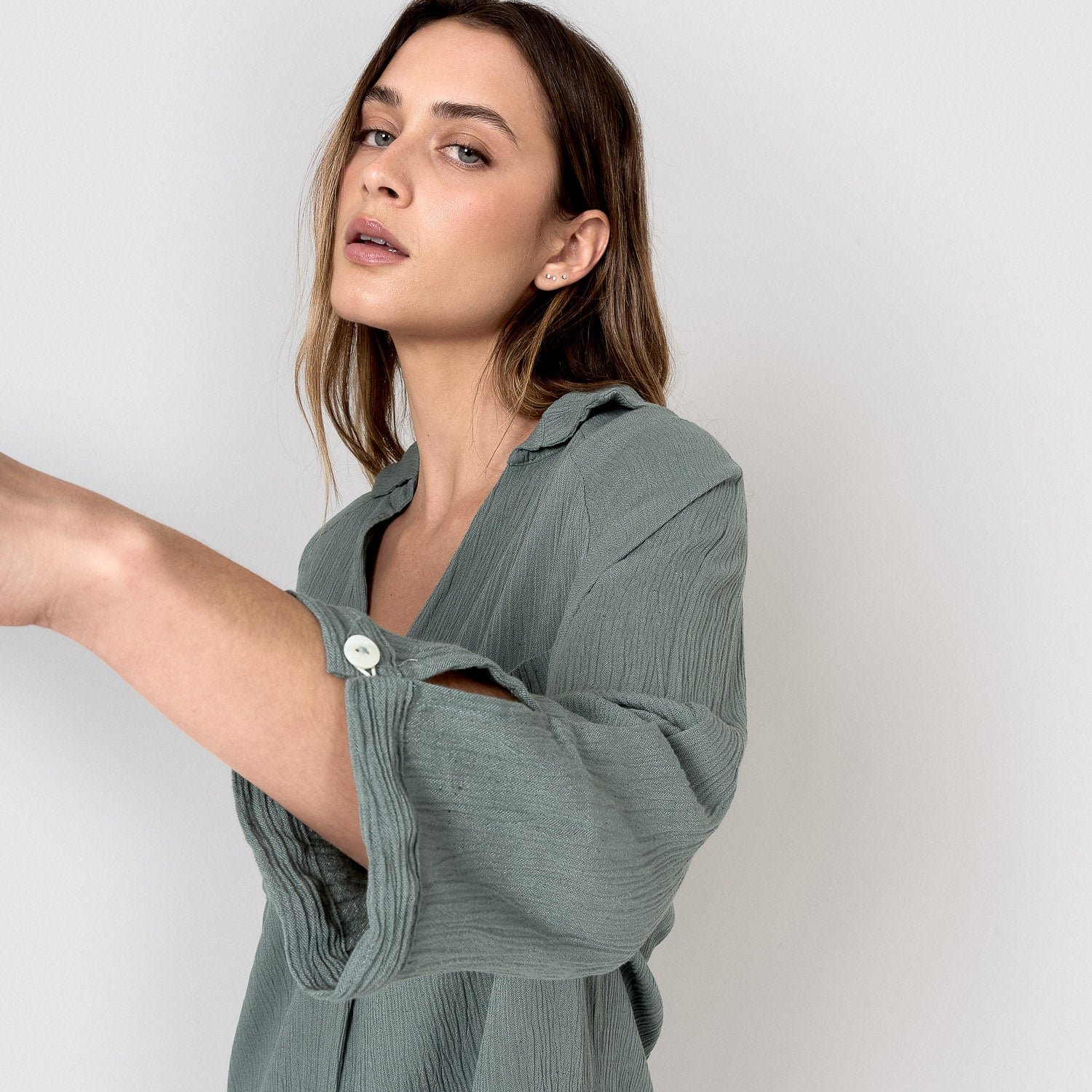 Vestido midi algodón lino verde azulado