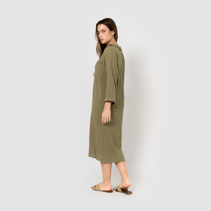 robe midi en coton et lin vert chasse