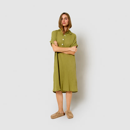 Lemon muslin midi dress with flowing sleeves