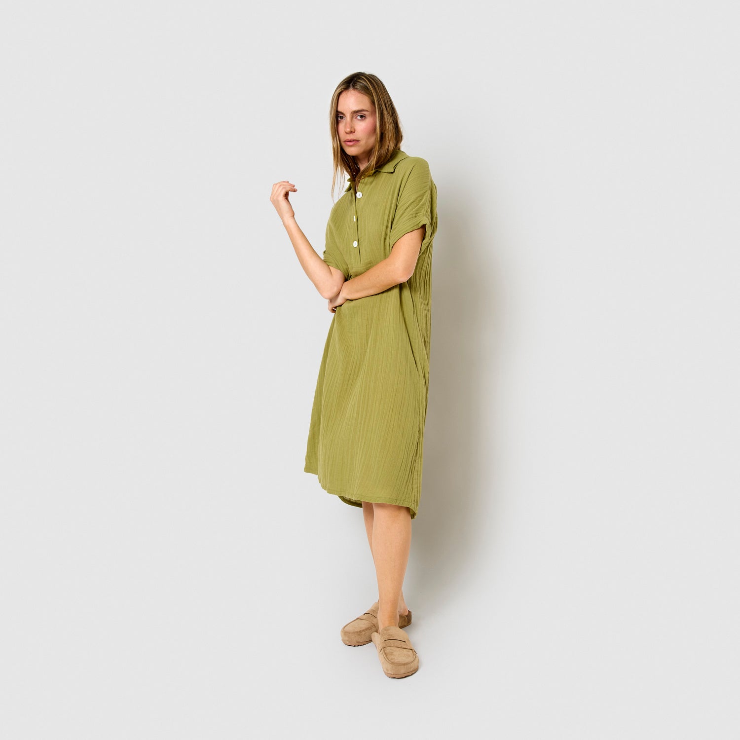 Lemon muslin midi dress with flowing sleeves