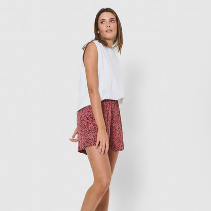 Shorts in viscosa stampata bambula, rosa bacca