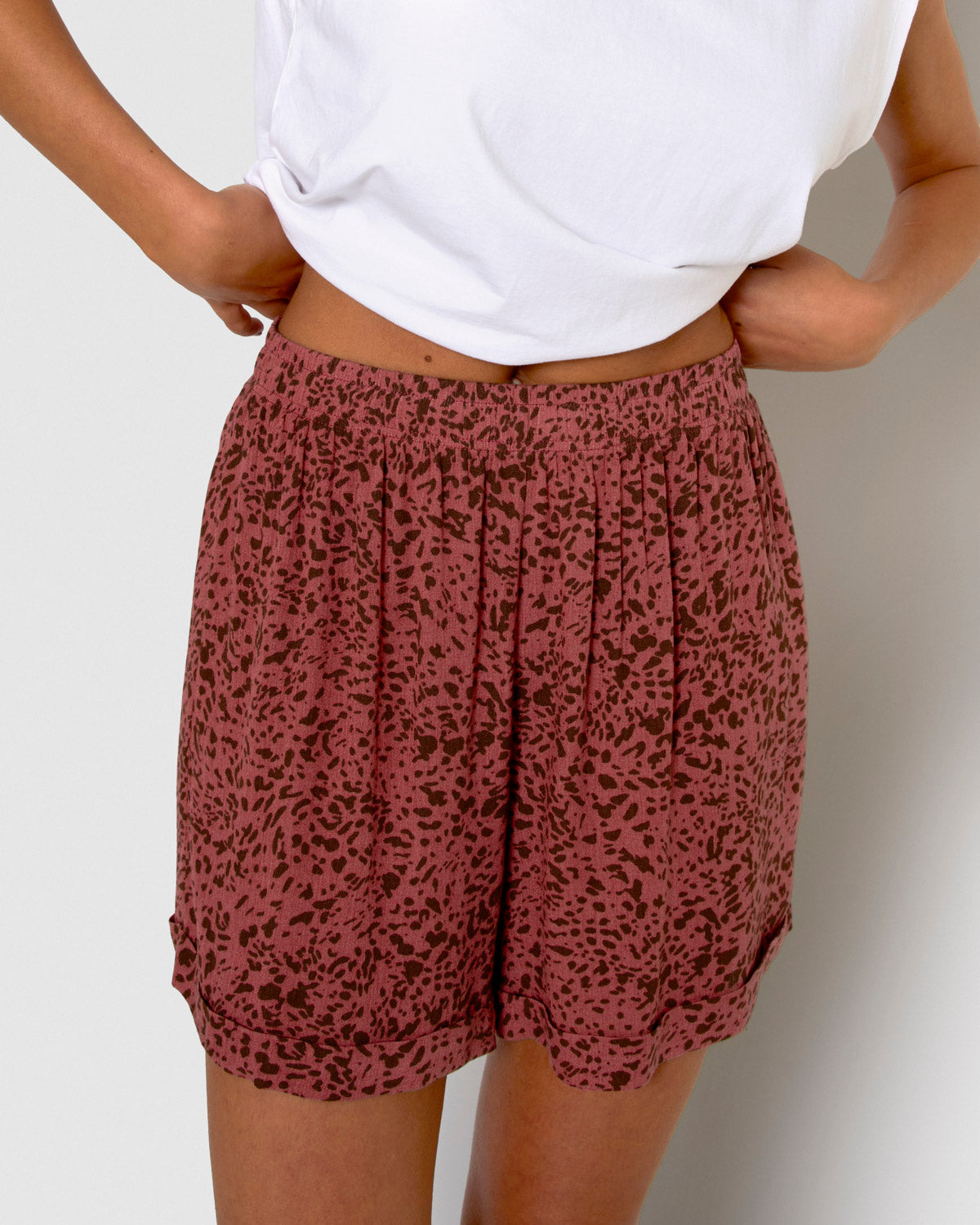 Shorts in viscosa stampata bambula, rosa bacca