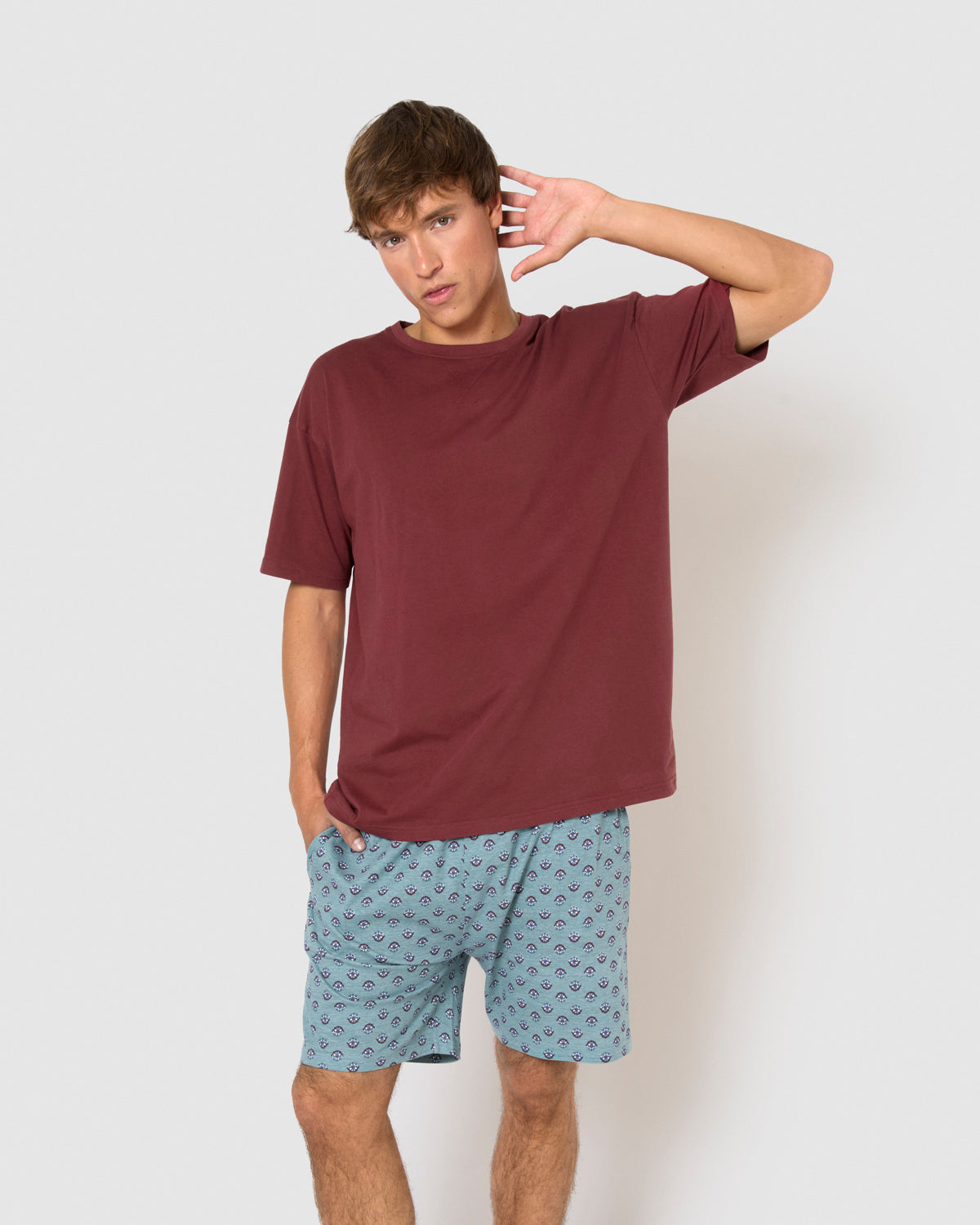 Pijama corto algodón halter burdeos