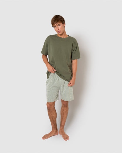 Pigiama corto in cotone a righe, verde cileno, stile caccia.