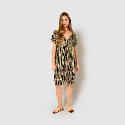 Vestido corto bambula detalles plisados oveta beige/negro