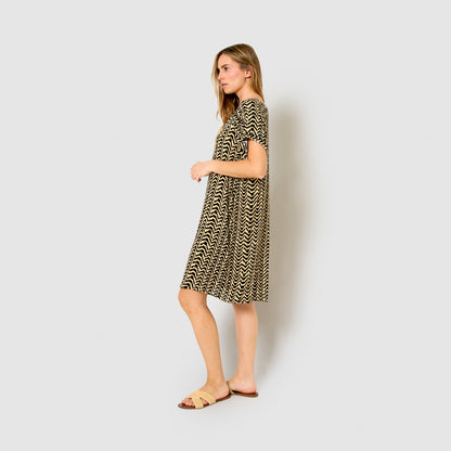 Vestido corto bambula detalles plisados oveta beige/negro