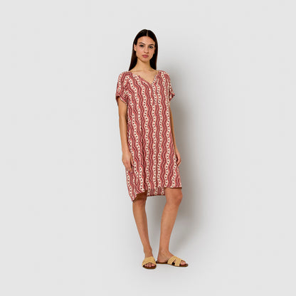 Short viscose chambray dress, begonia burgundy