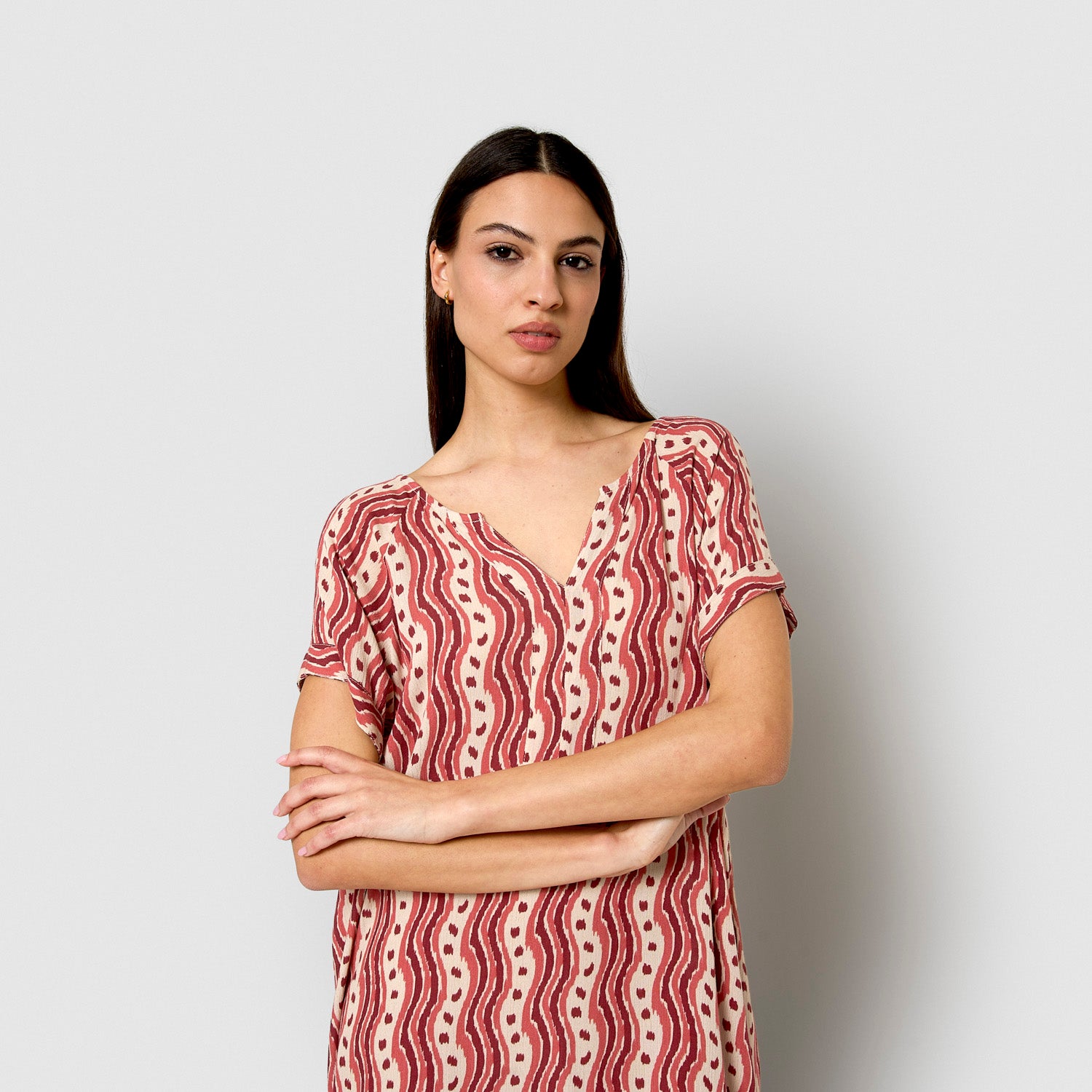 Short viscose chambray dress, begonia burgundy