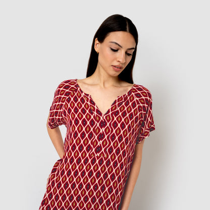 Vestido corto bambula detalles plisados cartagena burdeos