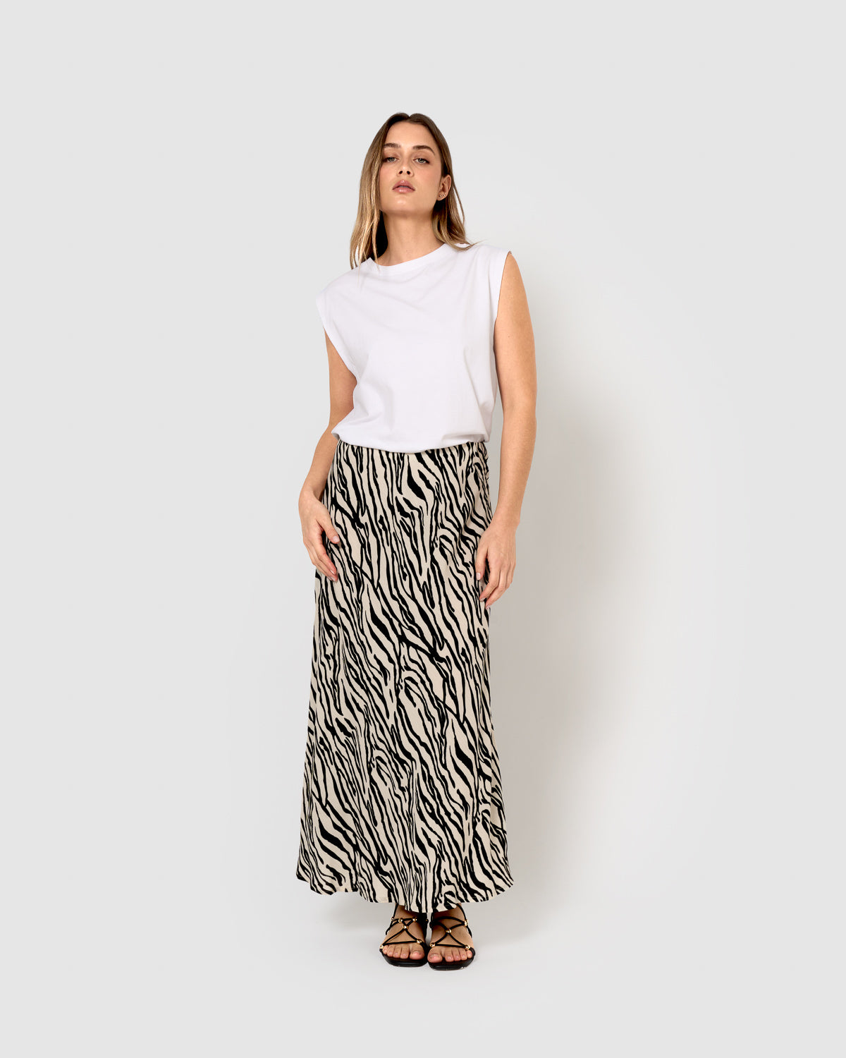 Jupe mi-journée en viscose Yves beige/noir