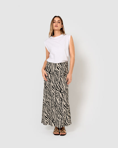 Jupe mi-journée en viscose Yves beige/noir