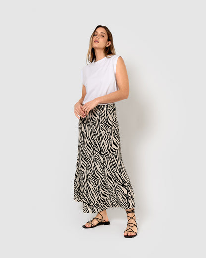 Jupe mi-journée en viscose Yves beige/noir