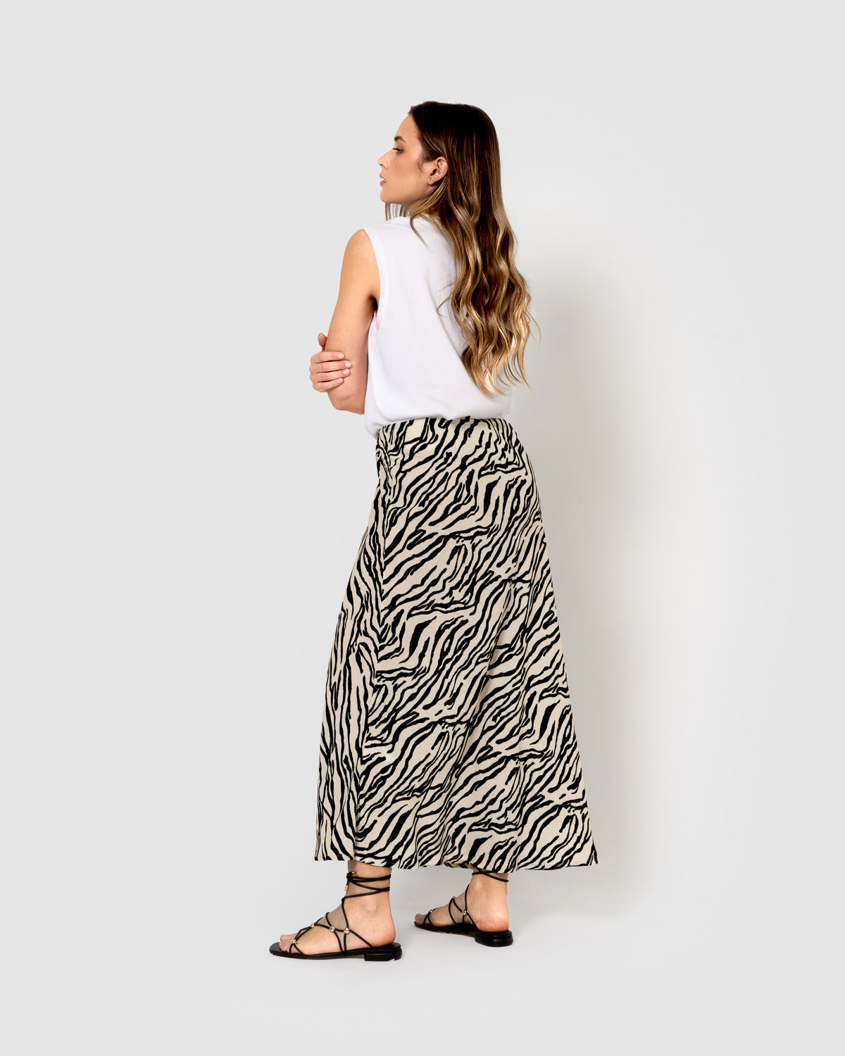 Jupe mi-journée en viscose Yves beige/noir