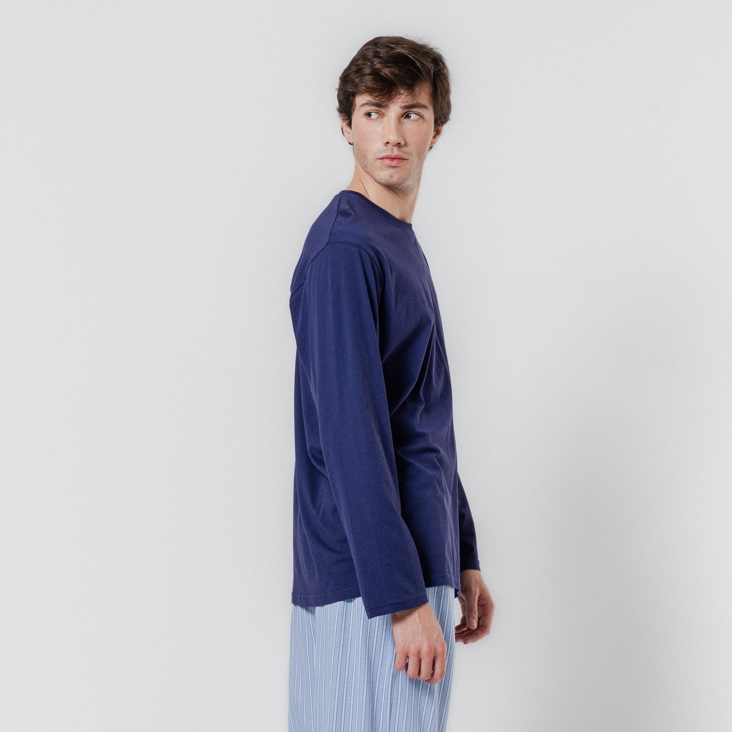 Pijama largo algodón raya cloc azul marino