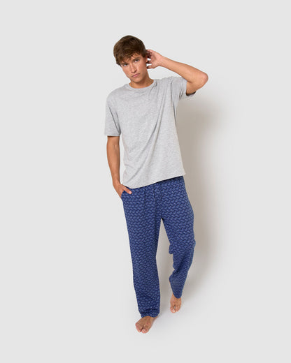 Pigiama lungo in cotone, a maniche corte, con stampa denim grigia