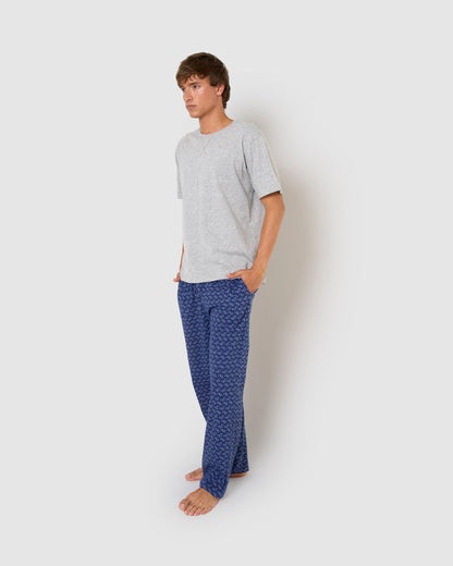 Pigiama lungo in cotone, a maniche corte, con stampa denim grigia