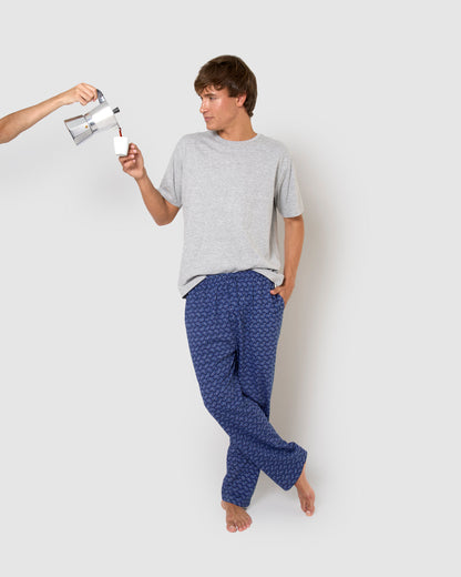 Pigiama lungo in cotone, a maniche corte, con stampa denim grigia