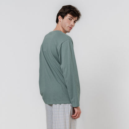 Pijama largo algodón cuadro bali agua marina