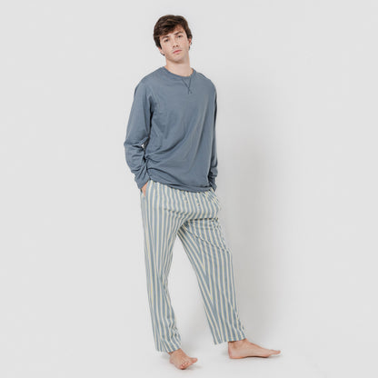 Pigiama lungo in cotone, blu-grigio
