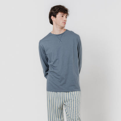 Pigiama lungo in cotone, blu-grigio