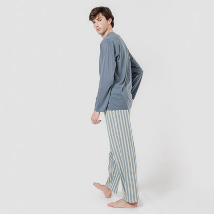 Pigiama lungo in cotone, blu-grigio