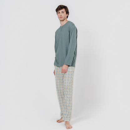 Pigiama lungo in cotone, scozzese verde indaco