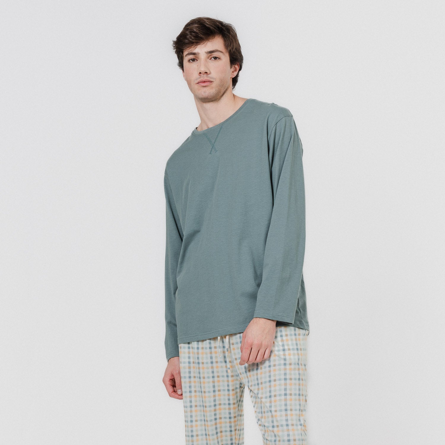 Pijama largo algodón cuadro índigo verde