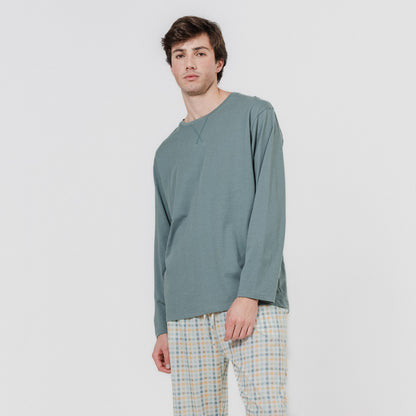 Pigiama lungo in cotone, scozzese verde indaco