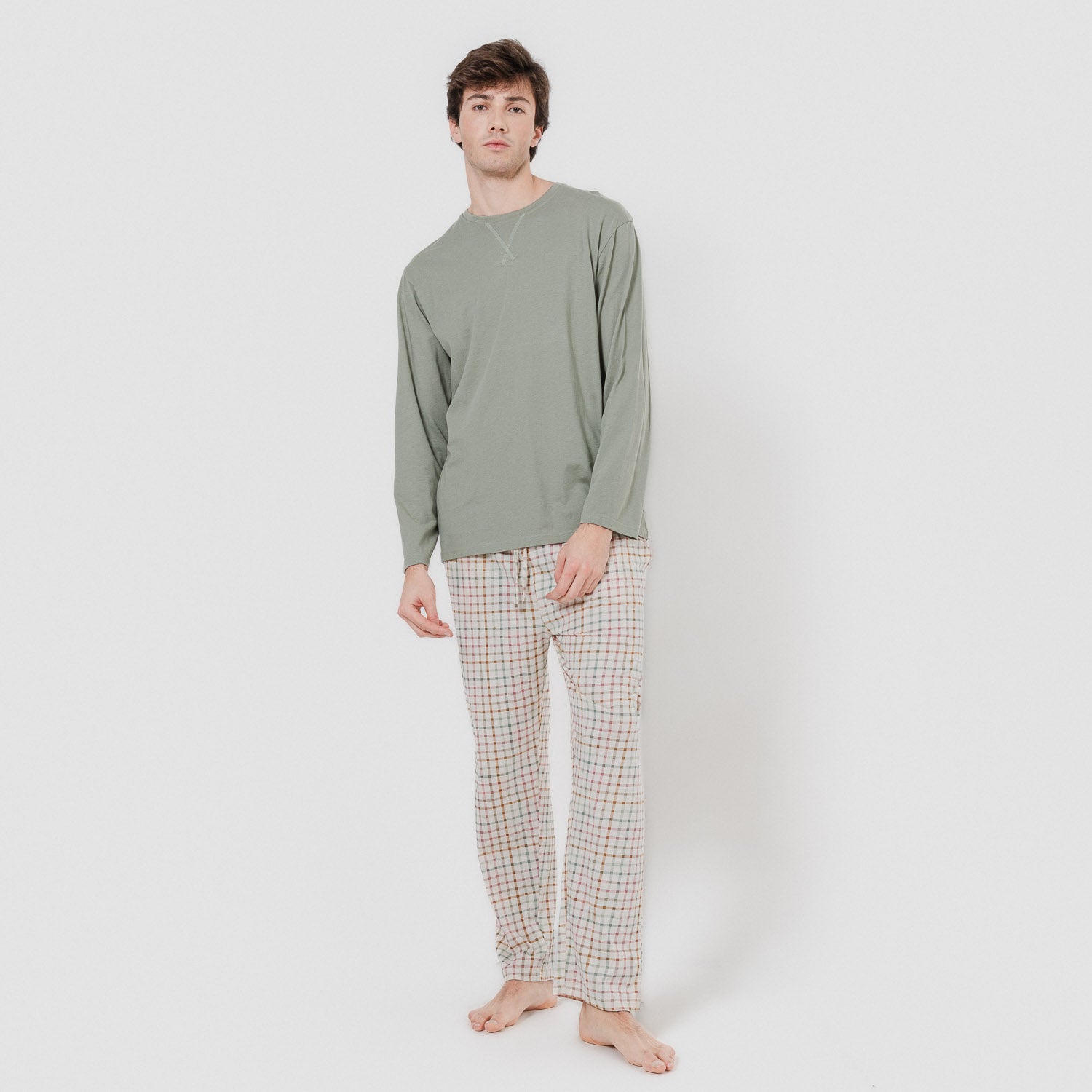 Pijama largo de hombre de algodón cuadro danke verde cacería