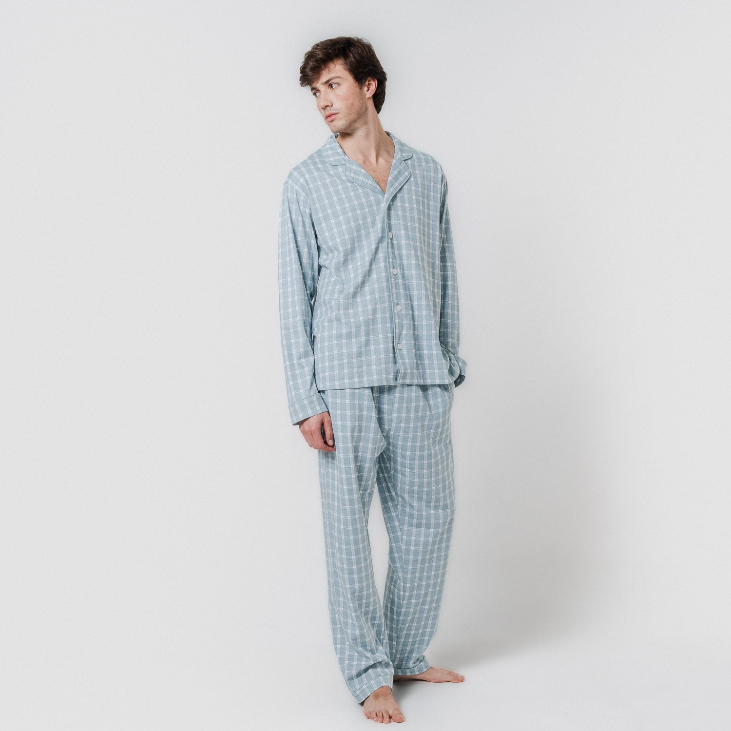 Pijama largo camisero algodón cuadro roc verde azulado